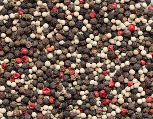 Black, green, pink and white peppercorns close up photo. Seasoning texture. 