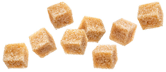Falling cubes of cane sugar isolated on white background
