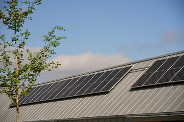Fototapeta premium State-of-the-art solar panels placed on the roofs of houses of ecological construction