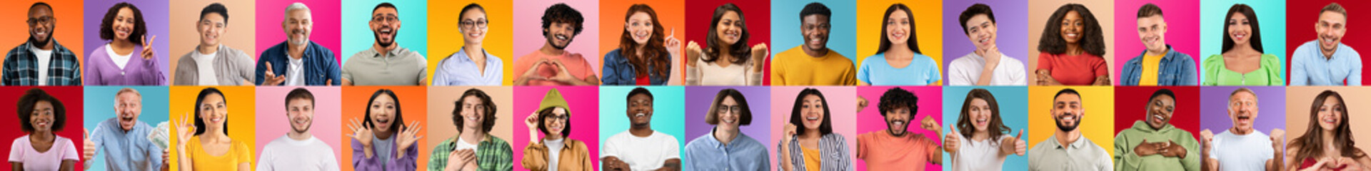 Headshot of glad different people make signs with hands, isolated on colorful background, collage