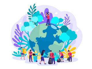 Flat illustration Concept Women and men protect the environment By doing outdoor activities such as cleaning, picking up trash, collecting plastic bags, recycling in the park.
