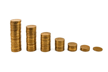 Stacks of money coins step, Financial revenue growth graph on white background with copyspace