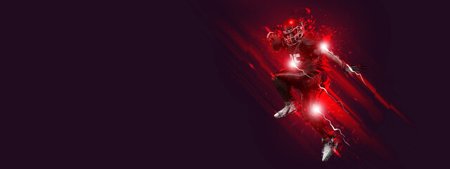 Bright poster with american football player in motion and action with ball isolated on dark...