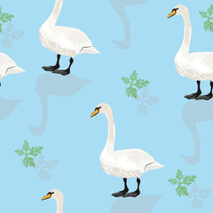 Seamless pattern with swans on a blue background. Vector graphic for endpaper, textile or background