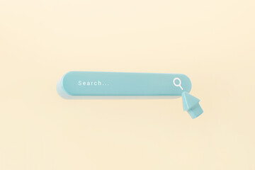 Minimal search or magnifying glass in blank search bar on pastel background, 3d render, copy space.