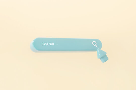 Minimal search or magnifying glass in blank search bar on pastel background, 3d render, copy space.