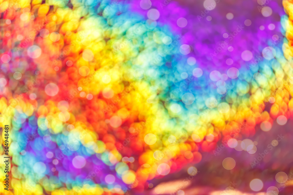 Poster Defocused bokeh light background in rainbow spectrum color. Holography vivid abstract backdrop. Bright multicolored spectrum light.