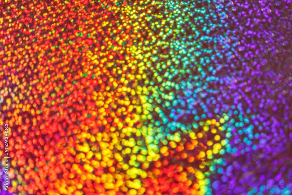 Poster Defocused bokeh light background in rainbow spectrum color. Holography vivid abstract backdrop. Bright multicolored spectrum light.