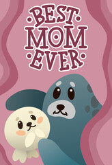 Vector Greeting Card with Sea Seal and Baby Seal with Best Mom Ever Lettering. Paper Cut Style. Used for poster, design, print