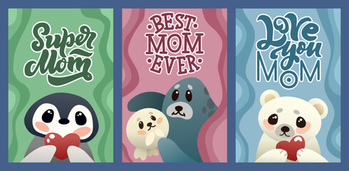 Set of Vector Greeting Card with adorable animals: Polar Bear, Seals and Penguin holding Heart and Lettering about Mom. Paper Cut Style. Green, Pink and blue background. Used for poster, design, print