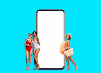 Summer Party. Group Of Multiethnic Women In Swimsuits Posing Near Blank Smartphone