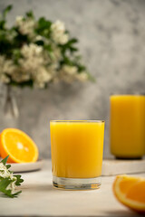 Two glass of orange juice with fresh orange fruit. Summer refreshing drink. Blooming tree brunch