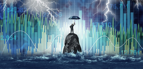 Fototapeta Market turbulence and financial crisis security concept as a volatile stock market with price volatility as a businessman holding an umbrella as a business symbol for wealth management obraz