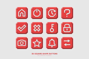 3D Square shape button for game and application, icon, vector design, isolated background.