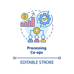 Processing co-ops concept icon. Collective ownership of operating equipment abstract idea thin line illustration. Isolated outline drawing. Editable stroke. Arial, Myriad Pro-Bold fonts used