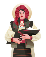 Ukrainian woman in national costume. Baby, mother. Vector illustration, character design.