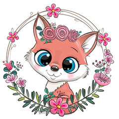 Fox with flowers and a bow in a flower frame