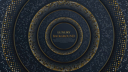 Luxury paper cut circle backgrounds with golden line and halftone gradients Vector illustration. Black, dark blue Cover template, modern minimal banner. vector illustration