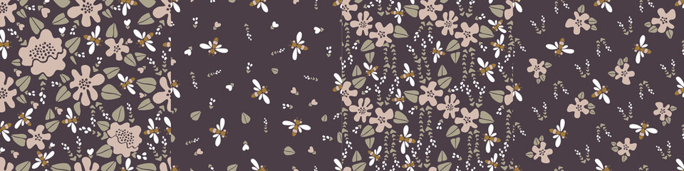 Modern vector floral set of four patterns. Large flowers and small flowers in pink and white, dragonflies, bees on a brown background. Seamless pattern in a minimalist style for paper, textile