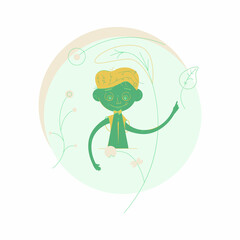 Green man with yellow hair decorated by plants, imaging summer or spring leaf, plant, located on natural background including  leaves, flowers, berries. 