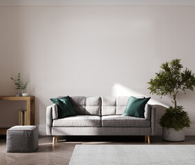 Stylish living room interior mockup with empty light wall and sofa, 3d rendering - obrazy, fototapety, plakaty