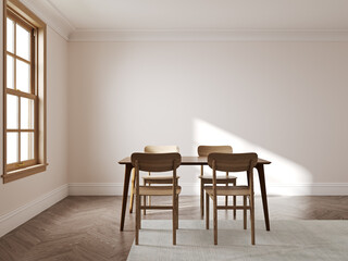 Scandinavian style living-room interior with wooden furniture on neutral white wall background. 3D rendering.