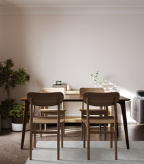 Scandinavian style living-room interior with wooden furniture on neutral white wall background. 3D rendering.