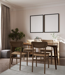 Mock up frame in cozy modern dining room interior, 3d render