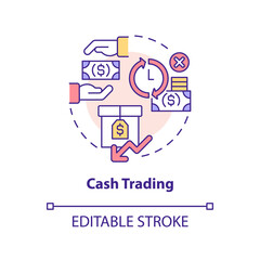Cash trading concept icon. Cooperative society drawback abstract idea thin line illustration. Buying and selling stocks. Isolated outline drawing. Editable stroke. Arial, Myriad Pro-Bold fonts used