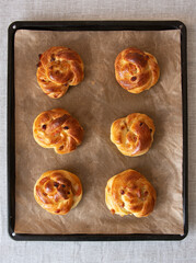 Fresh homemade buns with dried apricots and raisins on a baking sheet. View from above