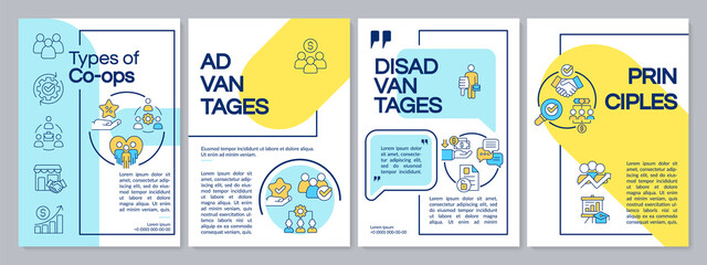 Fototapeta na wymiar Business co-ops blue and yellow brochure template. Partnership work. Leaflet design with linear icons. 4 vector layouts for presentation, annual reports. Questrial, Lato-Regular fonts used