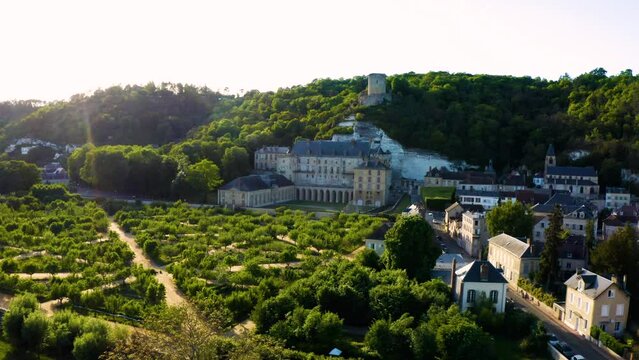 Scenic aerial view of La Roche-Guyon with its remarkable vegetable garden.  France, old medieval Castle. One of the most beautiful villages of France