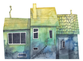 Colorful green town facade with tiny houses. Gradient color walls with cartoon abstract windows and chimneys. Watercolor hand painted illustration
