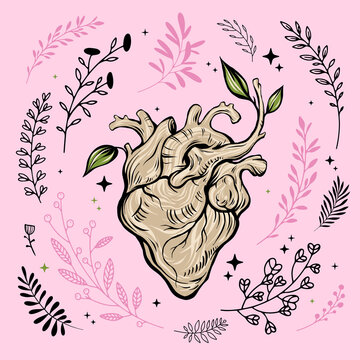 Clipart collection of magical wooden heart with florals and branches. Abstract romantic sign, nature love concept. Line art, print, tattoo sketch.