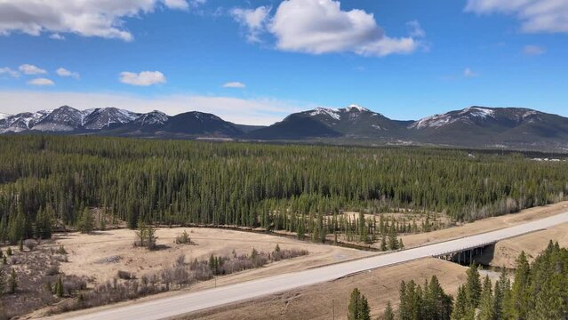 Aerial View Of Highway and Mountains Near Nordegg Alberta Cananda