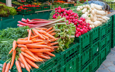 Fresh vegetables and fruit at a farmers market