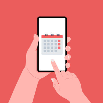 Calendar icon, schedule, planning app on smartphone screen. Hand holds smartphone. Vector.