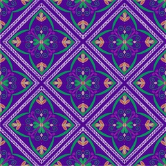 Geometric ethnic pattern design for carpet, wallpaper, clothing, wrapping, batik, fabric, illustration embroidery style,  purple background.