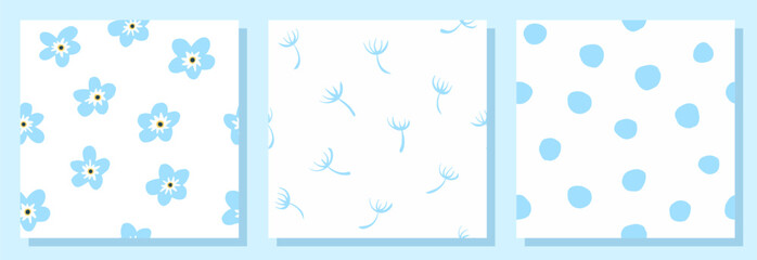 Blue flowers. Dandelion. Polka dot. Vector illustration. Seamless set. Summer.