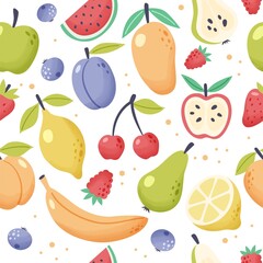 Summer fruit pattern. Fresh tropical and garden fruits doodle, organic biological vegan food. Cute cartoon vector illustration