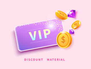 Luxury purple VIP membership card with gems and golden coins, entry ticket template