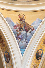 BARI, ITALY - MARCH 3, 2022: The fresco of Ambrose doctor of the church in the church Chiesa San...