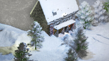 Christmas background. Winter landscape. House in the snow with pine trees. 3D render illustration.