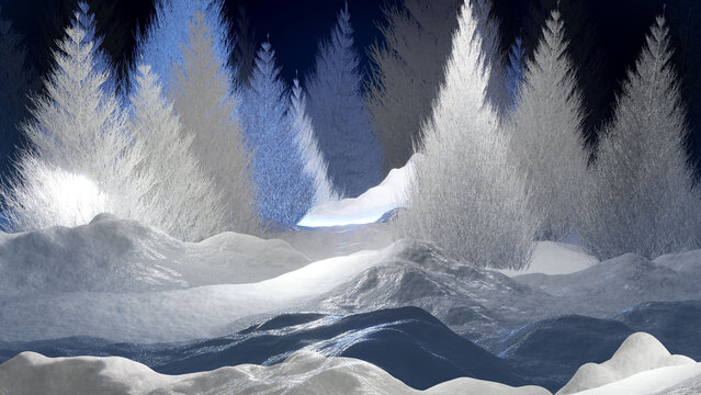 Winter Christmas background with snow covered pine trees in forest. 3D render illustration.