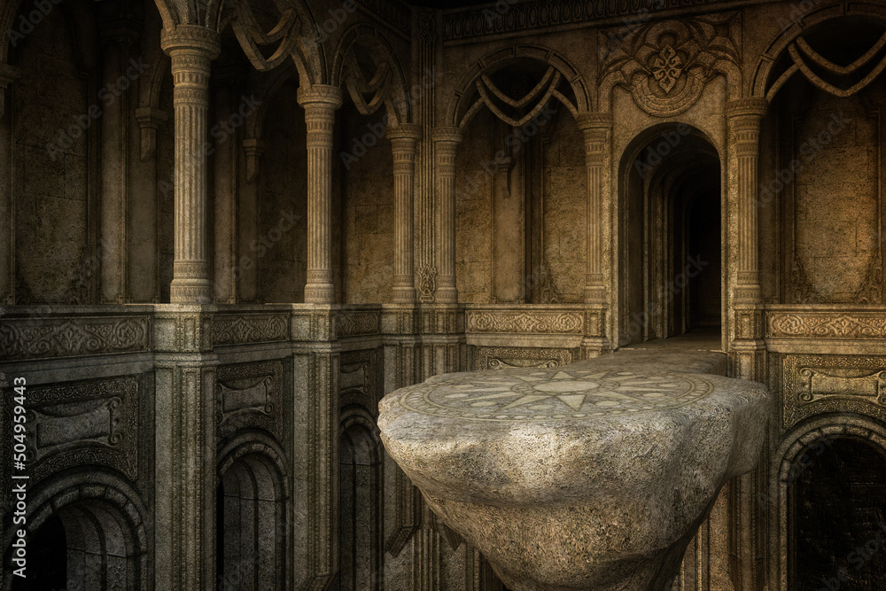 Aufkleber fantasy medieval architectural interior with large high stone platform extending from a doorway arch