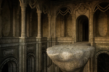 Fototapeta premium Fantasy medieval architectural interior with large high stone platform extending from a doorwar arch. 3D illustration.