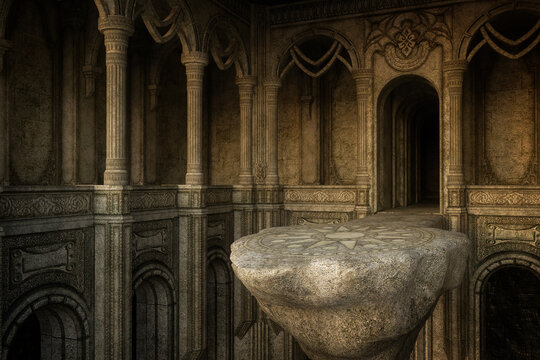 Fantasy medieval architectural interior with large high stone platform extending from a doorway arch. 3D illustration.