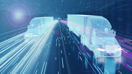 3d render futuristic Technology Concept. Autonom Truck with Cargo Trailer Drives at Night on the Road with Sensors Scanning Surrounding. Special Effects of Self Driving Truck Digitizing Freeway
