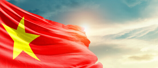 Vietnam national flag cloth fabric waving on the sky - Image - obrazy, fototapety, plakaty