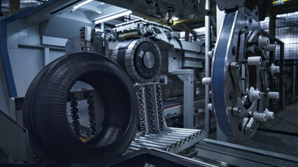 Tire on technological plant with modern industrial machine working automatically